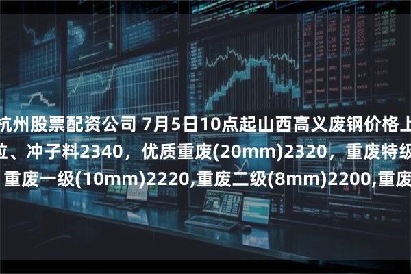 杭州股票配资公司 7月5日10点起山西高义废钢价格上涨20，调后：钢筋颗粒、冲子料2340，优质重废(20mm)2320，重废特级(14mm)2300，重废一级(10mm)2220,重废二级(8mm)2200,重废三级(6mm)2180,钢板边角料一级2300，钢板边角料二级2220，不含税。