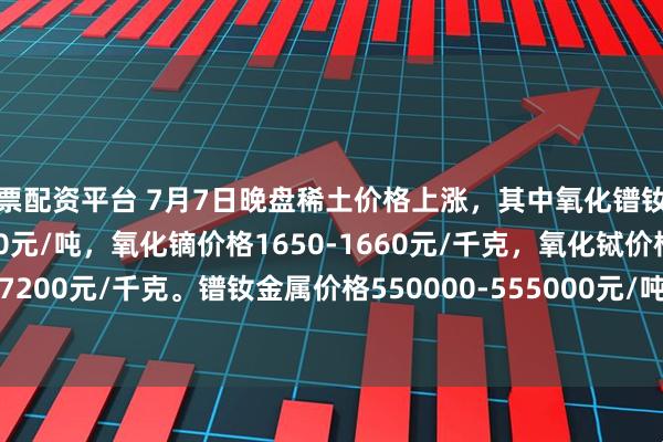 股票配资平台 7月7日晚盘稀土价格上涨，其中氧化镨钕价格450000-452000元/吨，氧化镝价格1650-1660元/千克，氧化铽价格7150-7200元/千克。镨钕金属价格550000-555000元/吨，金属铽价格8830-8880元/千克。
